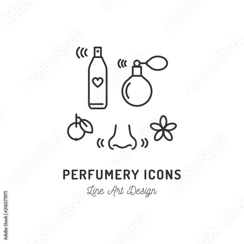 Perfumery Icons. Perfume, deodorant, smelling and smell, nose. Thin line art design, Vector flat illustration