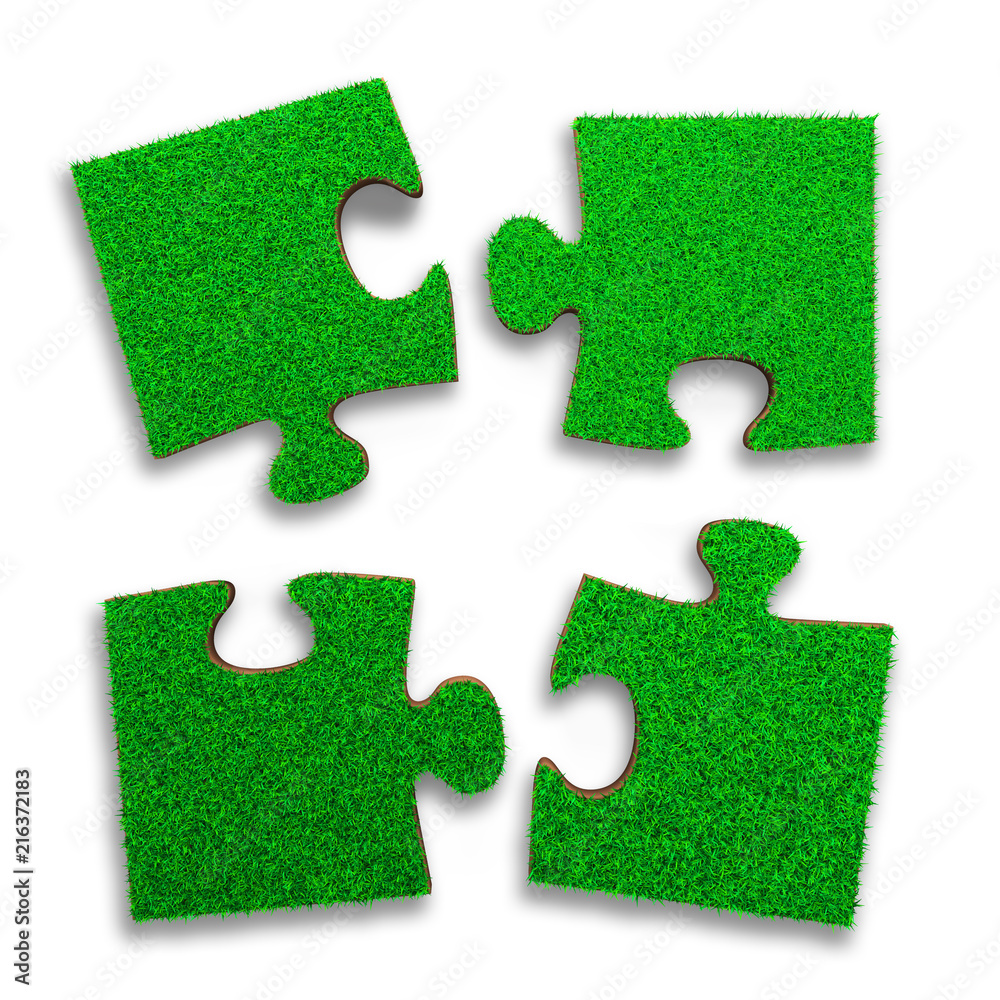 Four jigsaw puzzles of green grass texture, isolated on white, high angle view, 3D illustration.