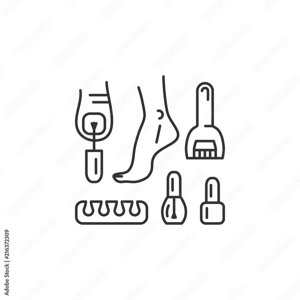 Pedicure line icon. Well-groomed feet, Painted nails, Toe separator, Pedicure roll pumice stone for feet. Vector outline illustration Pedicure line icon. Well-groomed feet, Painted nails, Toe separator, Pedicure roll pumice stone for feet. Vector outline illustration