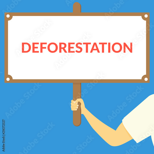 DEFORESTATION. Hand holding wooden sign