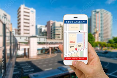 Application of Ride Sharing Concept Calling Car or Vehicle from Smartphone photo