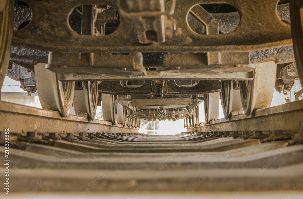 Bottom view of a locomotive between the rails and wheels in Asukayama park in Kita district of Tokyo, Japan.