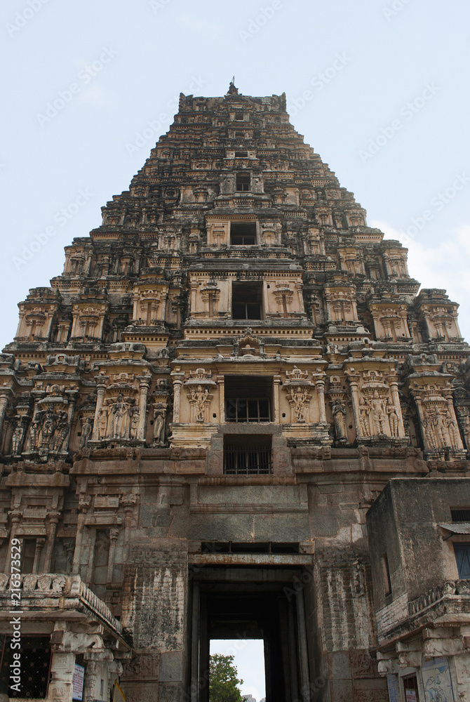 The main entrance tower or the east facing giant tower, Gopura, Virupaksha Temple, Hampi, karnataka. Sacred Center. View from the east.