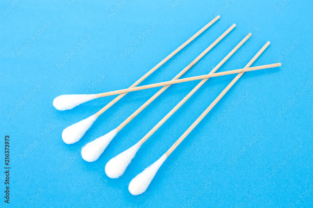cotton bud, swab clean healthcare top view on blue background cotton bud, swab clean healthcare top view on blue background