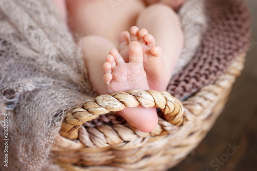 Close up picture of new born baby feet on knitted plaid in a wattled basket