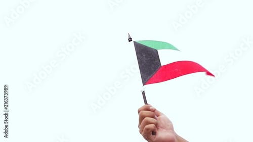 Slow motion of hand raising national flag of Kuwait under clear sky with white clouds photo