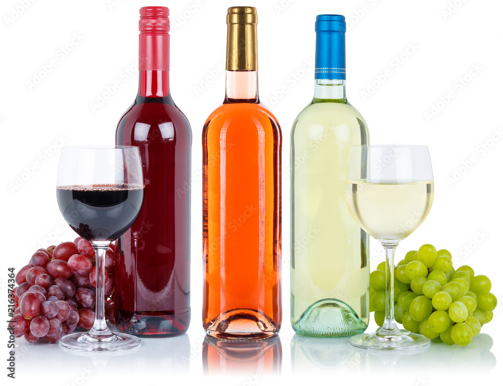 Fototapeta premium Wine tasting bottle red and white rose grapes isolated