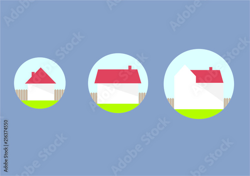 Three houses of different size - small, medium and big. Minimalistic illustration with icons