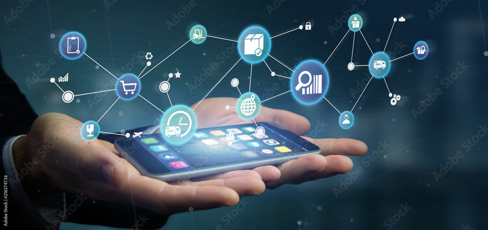 Businessman holding a Logistic organisation with icon and connection 3d rendering Businessman holding a Logistic organisation with icon and connection 3d rendering