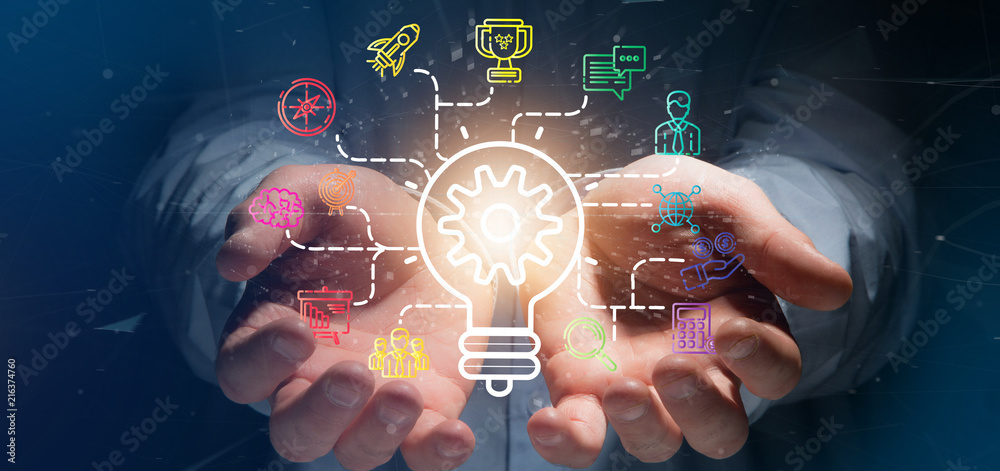 Businessman holding a Bulb lamp idea concept with start up icon connected 3d rendering - obrazy, fototapety, plakaty 