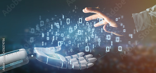 Obraz na płótnie Cyborg hand holding a Data binary cloud 3d rendering