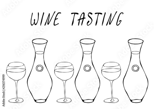 Alcohol Beverage Red, Rose, White Wine in a Decanter and Wine Glasses. Bar Collection. Realistic Hand Drawn High Quality Vector Illustration. Doodle Style.