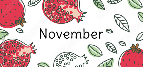 November garnet vector. Hand drawn design. Doodle sketch  pomegranate. Fruit calendar