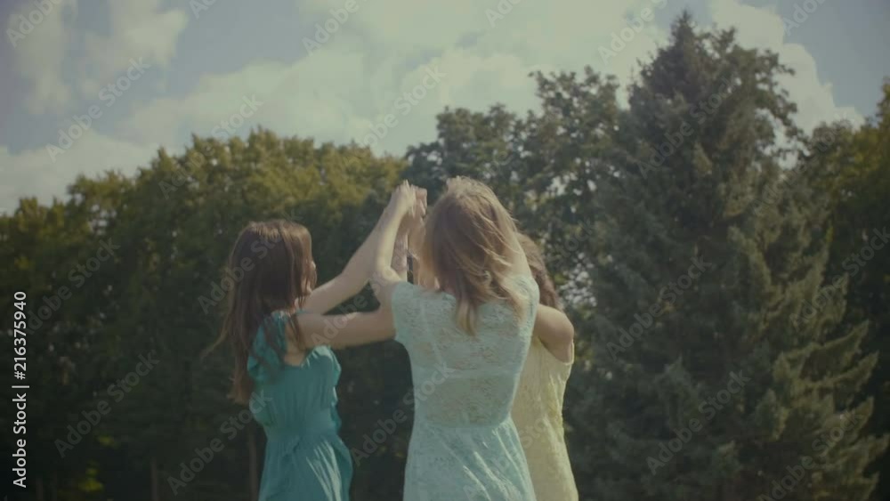 Group of cheerful smiling attractive girls with joined hands dancing roundelay while standing in circle on green field on sunny summer day. Carefree pretty women having fun enjoying leisure in nature. Group of cheerful smiling attractive girls with joined hands dancing roundelay while standing in circle on green field on sunny summer day. Carefree pretty women having fun enjoying leisure in nature.