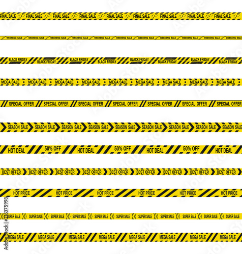 Sale tapes. Black and yellow stripes, special offer, black friday. Seamless barrier lines. © Ramcreative