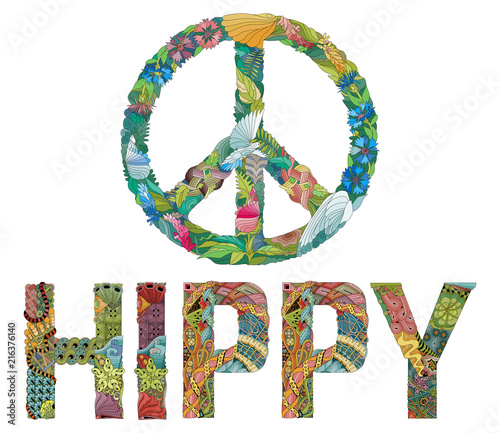 Zentangle stylized sign of peace with word hippy. Hand Drawn colorful lace vector illustration