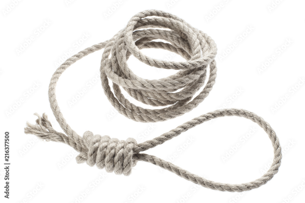 Roll of a thin rope with a loop for hanging, isolated on white background Roll of a thin rope with a loop for hanging, isolated on white background
