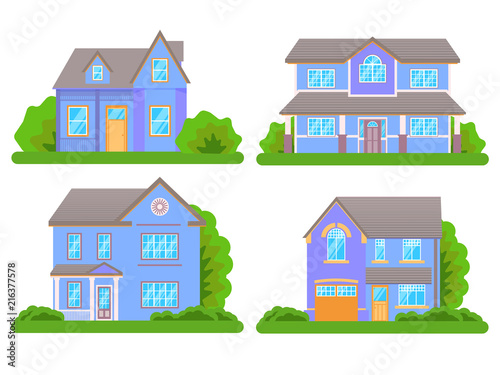 Ccottage houses isolated on white background. Front view. Vector Illustration in Flat Style