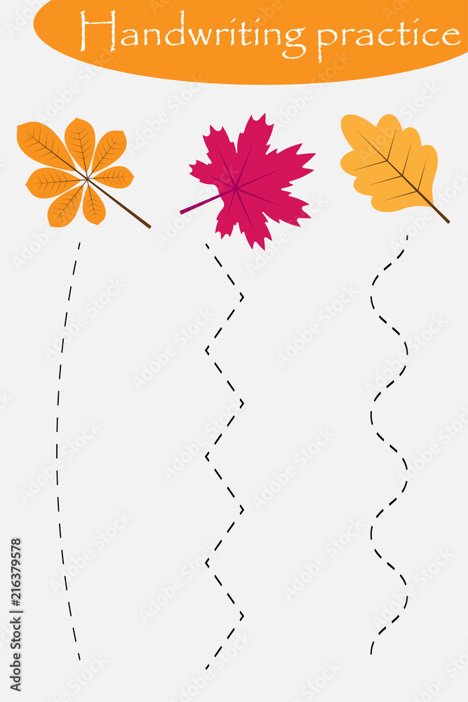 Handwriting practice sheet, autumn fall, colorful leaves, kids