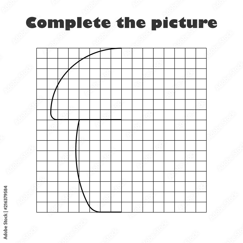 Fototapeta premium Complete the picture, black white cartoon mushroom, drawing skills training, easter educational game for the development of children, kids preschool activity, printable worksheet, vector illustration
