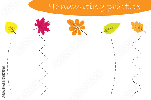 Handwriting practice sheet, autumn fall, different colorful leaves, kids preschool activity, educational children game, printable worksheet, writing training, vector illustration
