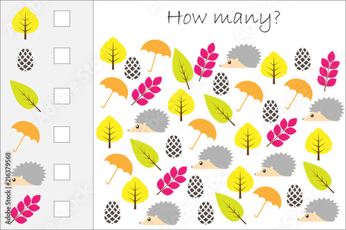 How many counting game with autumn pictures for kids, educational maths task for the development of logical thinking, preschool worksheet activity, count and write the result, vector illustration