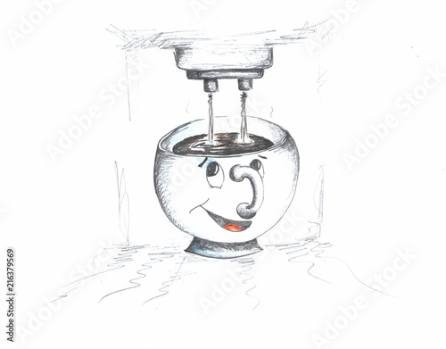 Hand drawing of smiling cup with a face and a coffee machine