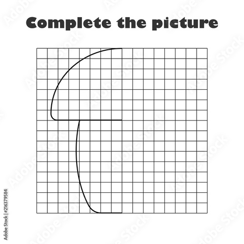 Complete the picture, black white cartoon mushroom, drawing skills training, easter educational game for the development of children, kids preschool activity, printable worksheet, vector illustration