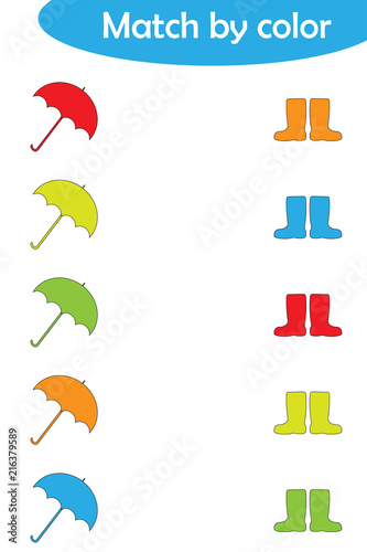 Matching game for children, connect umbrellas and boots by color, preschool worksheet activity for kids, task for the development of logical thinking, vector illustration