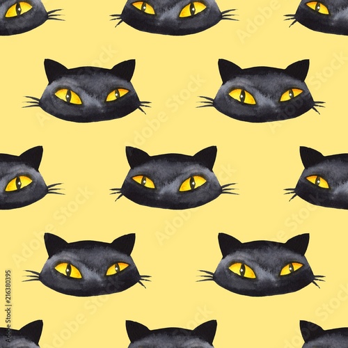 Fototapeta Naklejka Na Ścianę i Meble -  Halloween watercolor seamless pattern 2. Background with black cats