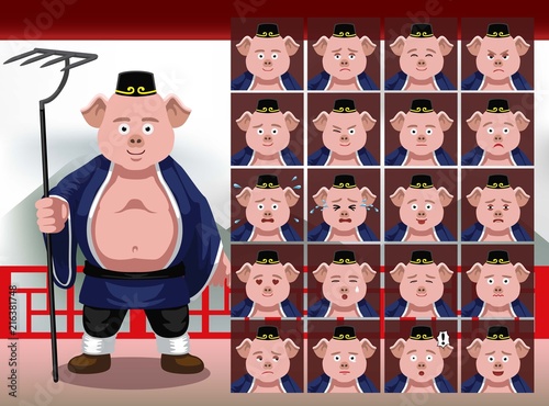 Chinese Zhu Bajie Cartoon Emotion faces Vector Illustration