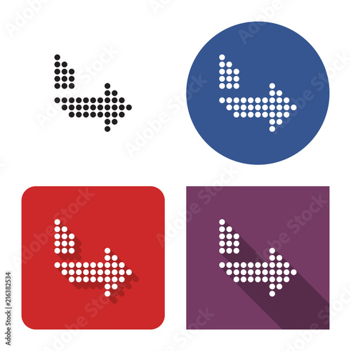 Dotted icon of right orthogonally curved arrow in four variants. With short and long shadow photo