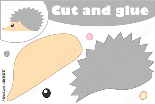  Hedgehog in cartoon style, education game for the development of preschool children, use scissors and glue to create the applique, cut parts of the image and glue on the paper, vector illustration