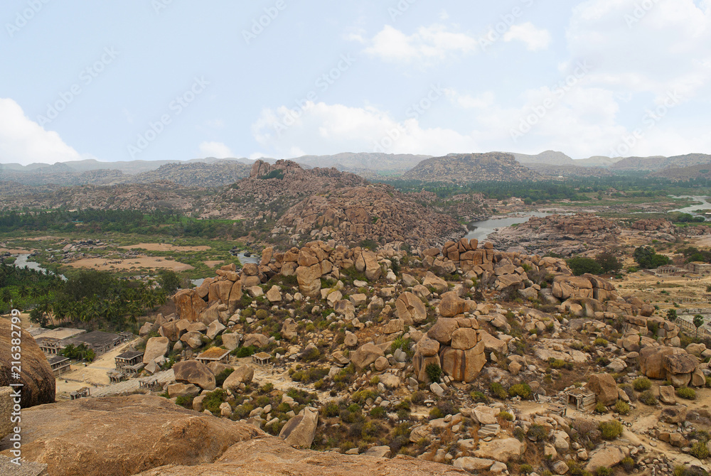 Arieal view of a chain of hills from the north side of the Matanga Hill, Hampi, Karnataka. Sacred Center