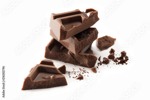 Chocolate pieces, isolated on white background
