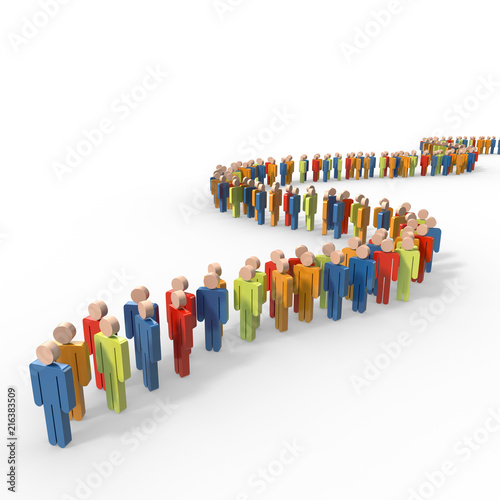 Row or Queue of People, Colored stylized man figures standing in line, 3D Rendering
