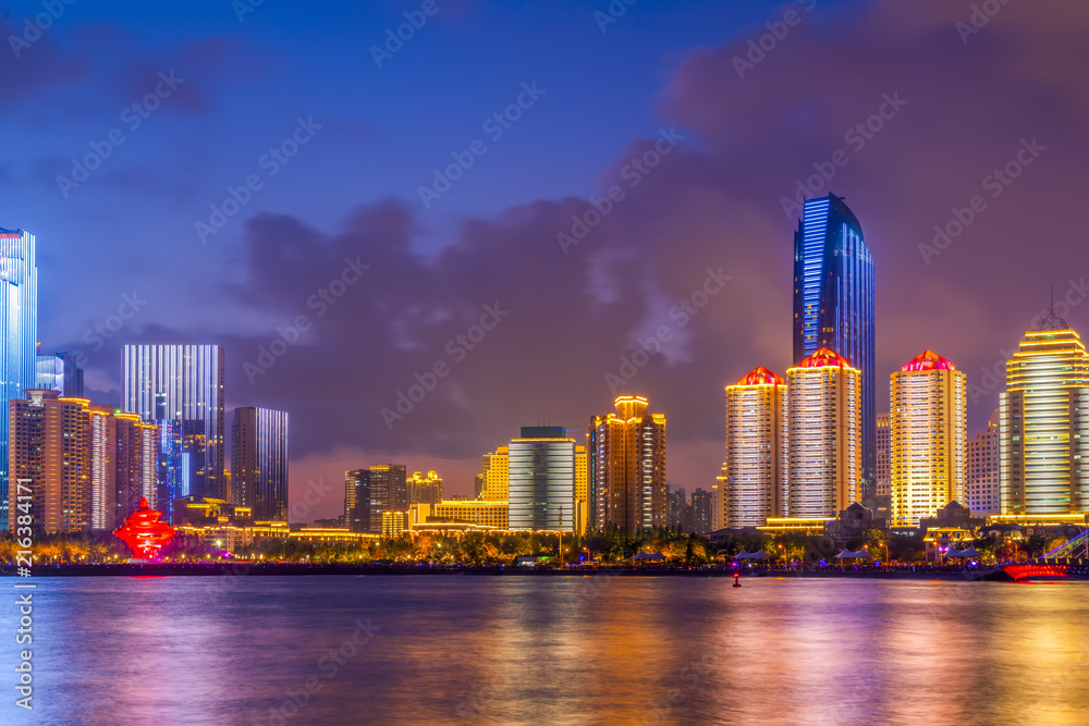 The night scene of modern urban architectural landscape in Qingdao, China