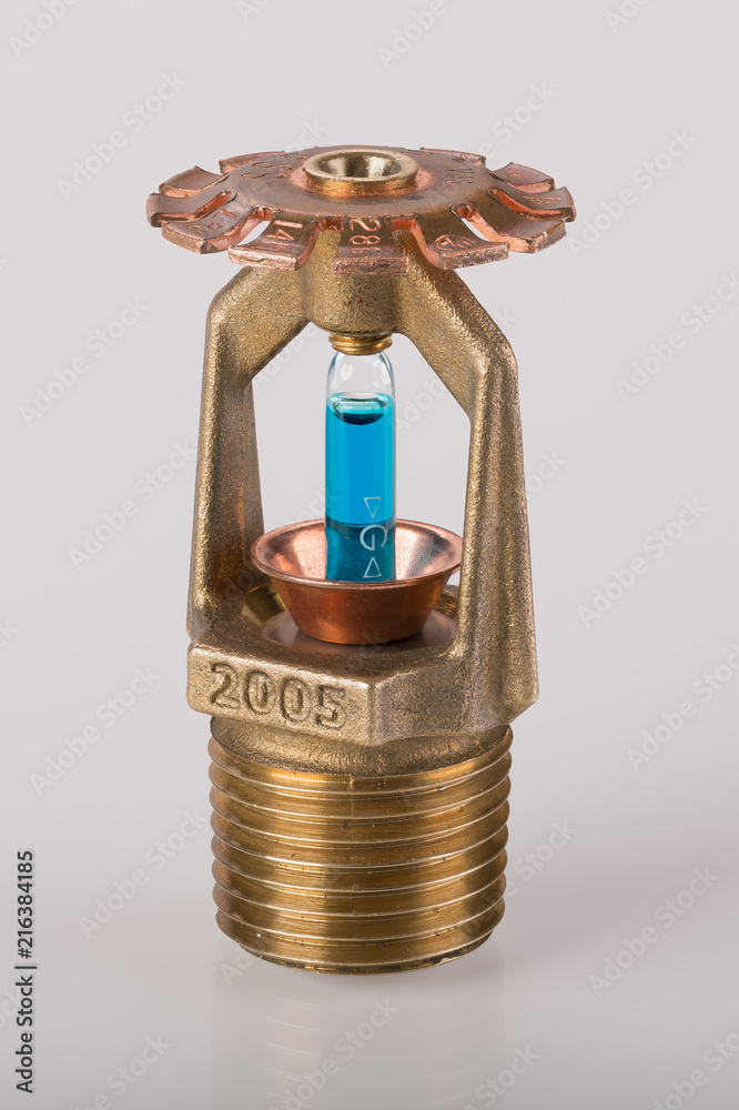 A standard spray sprinkler head. Release temperature 141 °C (268 °F) as  indicated by the blue filling. Stock Photo | Adobe Stock