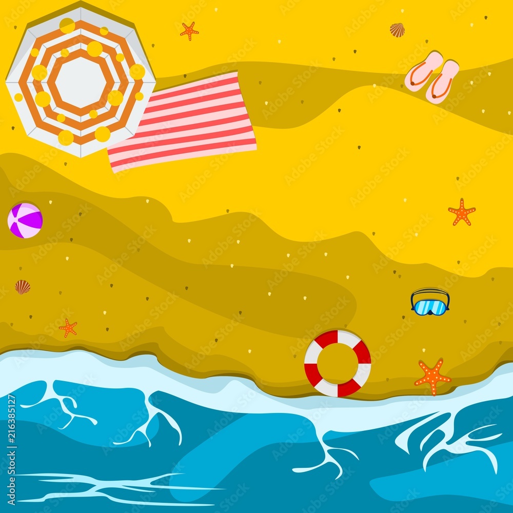 Naklejka premium Editable Top View Summer Beach Panorama Vector Illustration for Vacation or Children Book Illustration and Summer Seasonal Themed Project