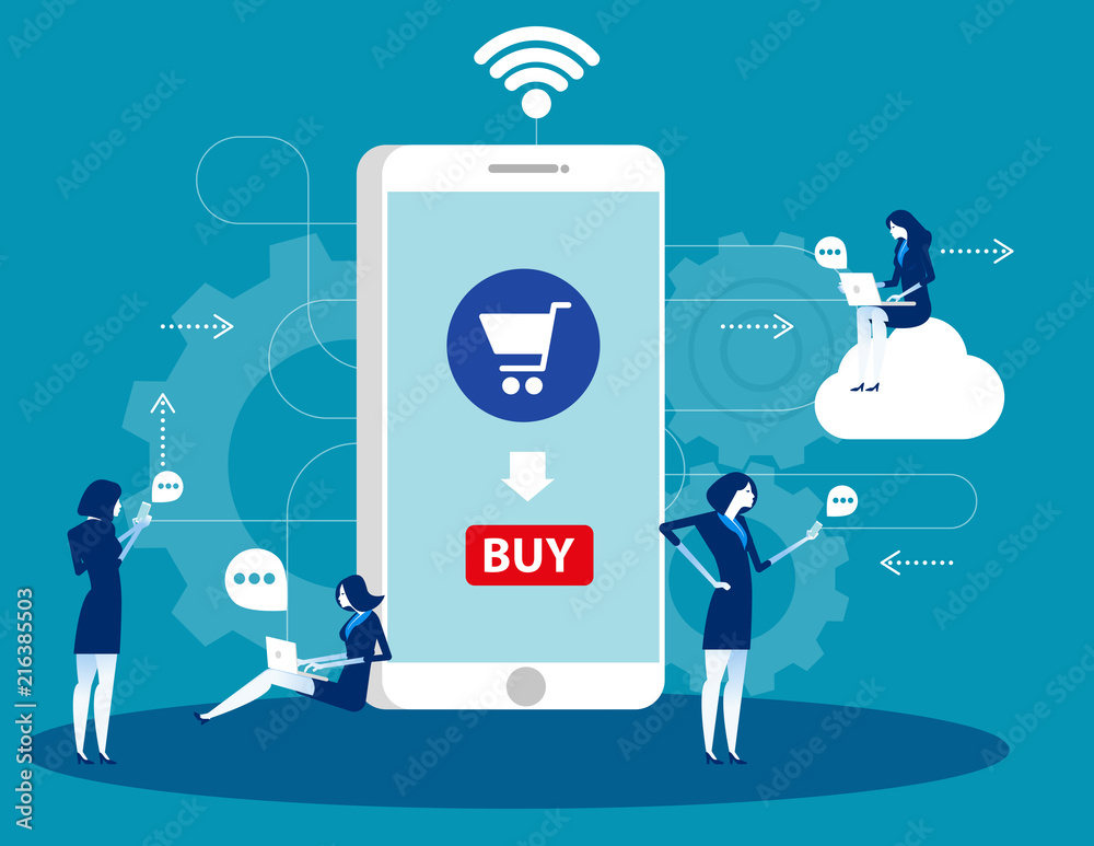 People are around a huge smartphone buying some at online store. Concept business technology vector illustration. Technology, Network & Connection. People are around a huge smartphone buying some at online store. Concept business technology vector illustration. Technology, Network & Connection.