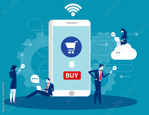 People are around a huge smartphone buying some at online store. Concept business technology vector illustration. Technology, Network & Connection.