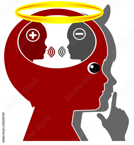 How child develops a conscience. Toddler listening to the inner voice and learn right from wrong in early childhood education