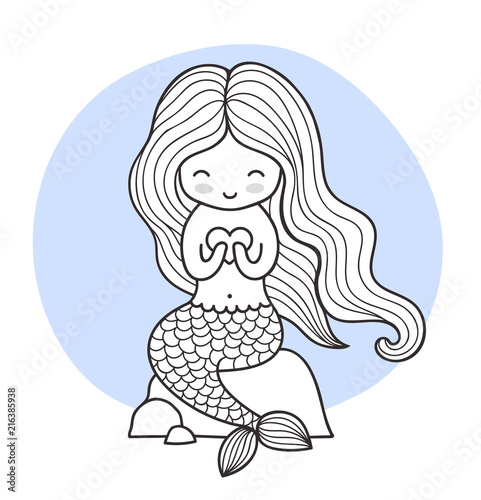 Cute cartoon mermaid, sitting on a stone. Vector illustration for print, card, poster, t-shirt, coloring books.