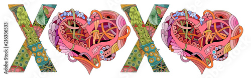 Word XOXO with shape of heart. Vector decorative zentangle object