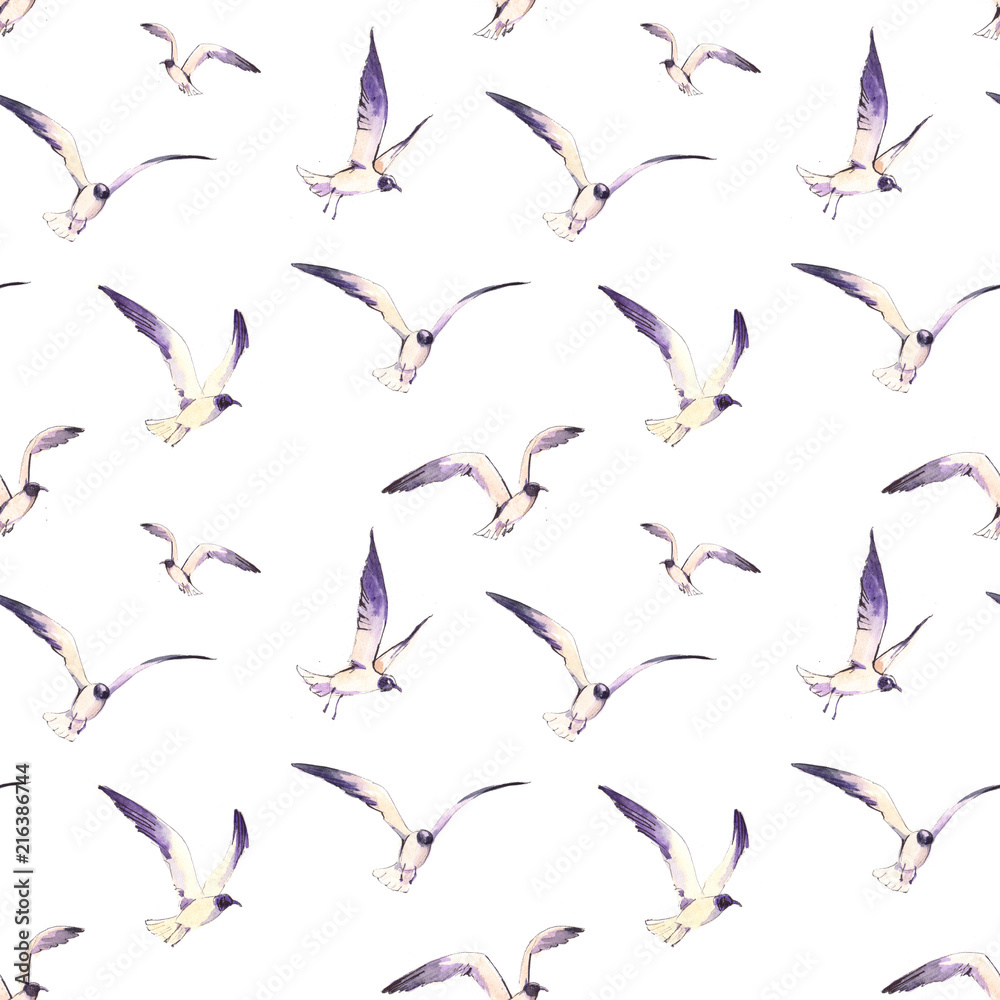 Naklejka premium Seamless pattern with flying seagulls. Watercolor illustration