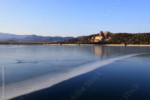 Tower of Buddhist incense and frozen Kunming lake