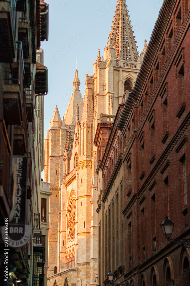 Gothic Cathedral of Leon, Castilla y Leon (Spain), during sunset. It views from one of the adjacent streets. Summer of 2017.