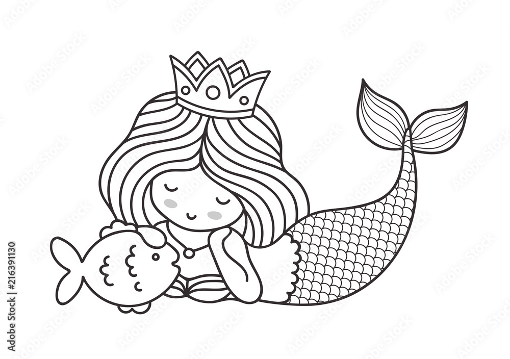 Little lying dreamy princess mermaid with fish. Cute cartoon character.  Outline illustration. Stock Vector | Adobe Stock