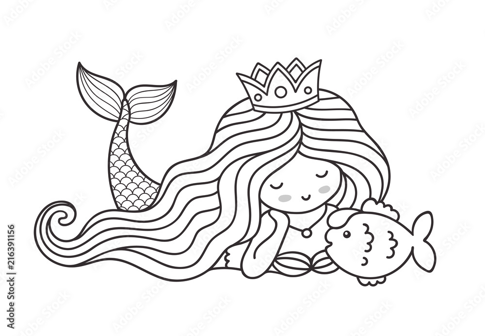 Mermaid lying on the seabed, with cute little fish. Princess. Cartoon  personage for coloring book. Outline vector illustration. Stock Vector |  Adobe Stock