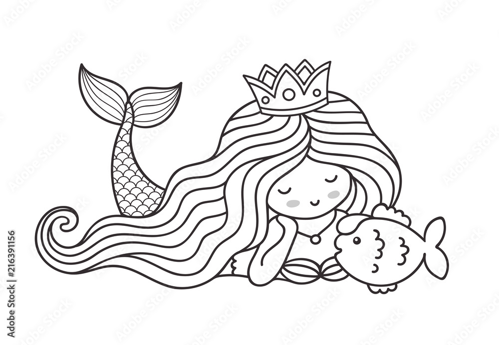 Premium Vector  Mermaid with fish coloring page cartoon illustration